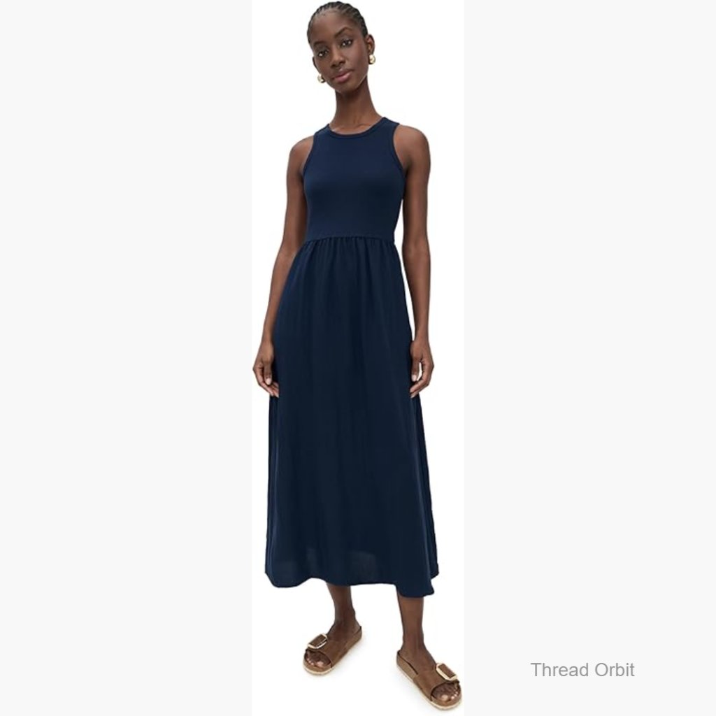 Ribbed Knit Midi Dress With Side Pockets, Lightweight Stretch Fabric